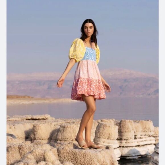 Oliphant Bubble Skirt Mini Dress Canary Multi-Color Balloon Short Puff Sleeve - Picture 15 of 16